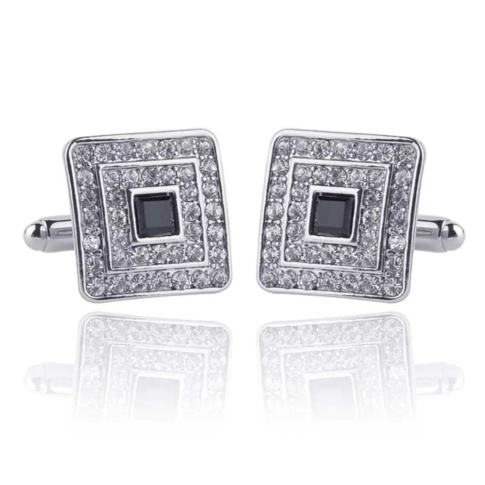Square Cufflinks with Black & Silver Crystals - Picture 11 of 16